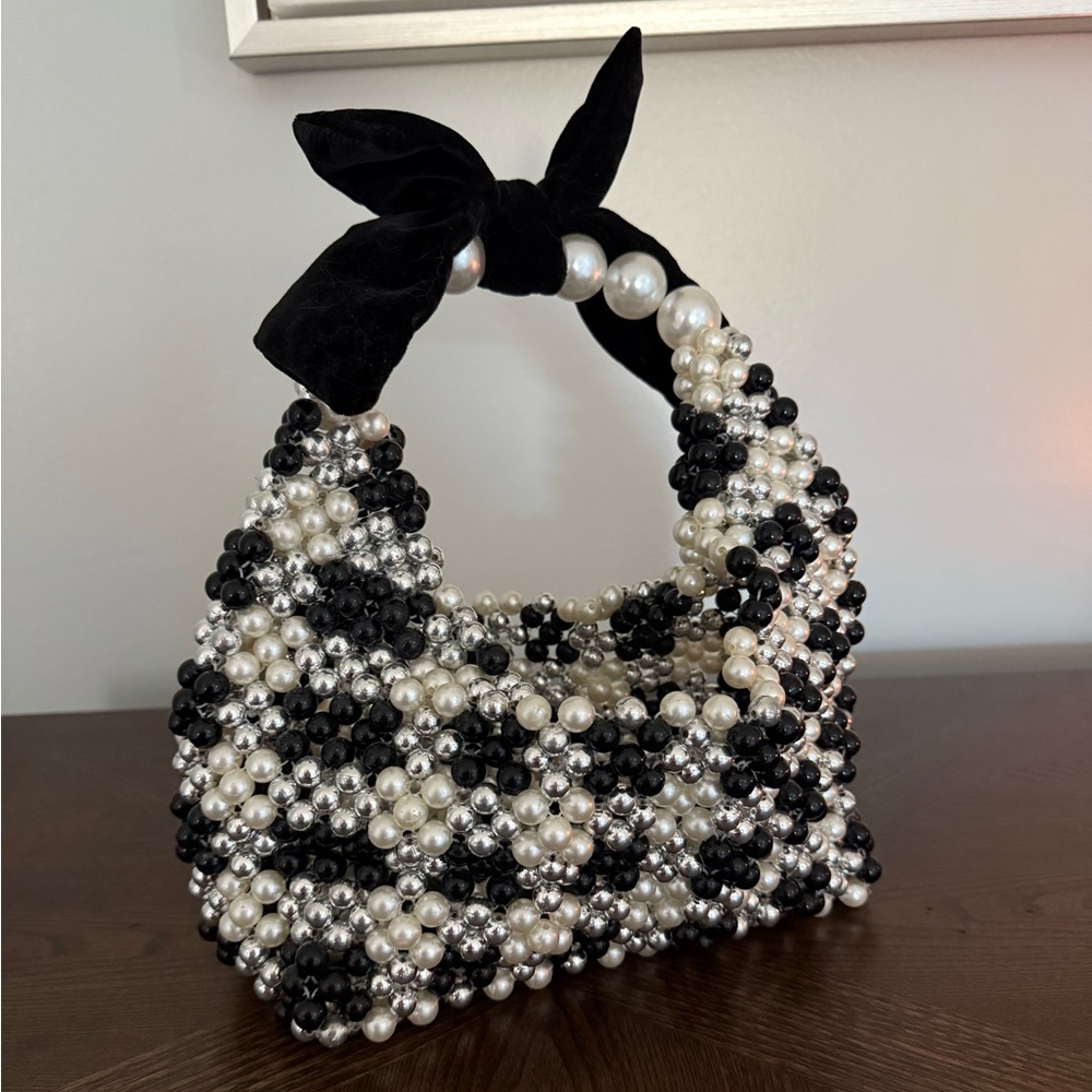A New Day Elegant Black and White Beaded Handbag